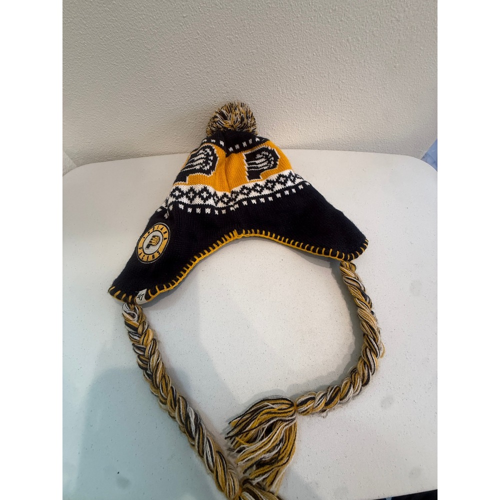 47 Brand Indiana Pacers NBA Knit Trapper Hat Beanie Pom Braided Tassels Yellow